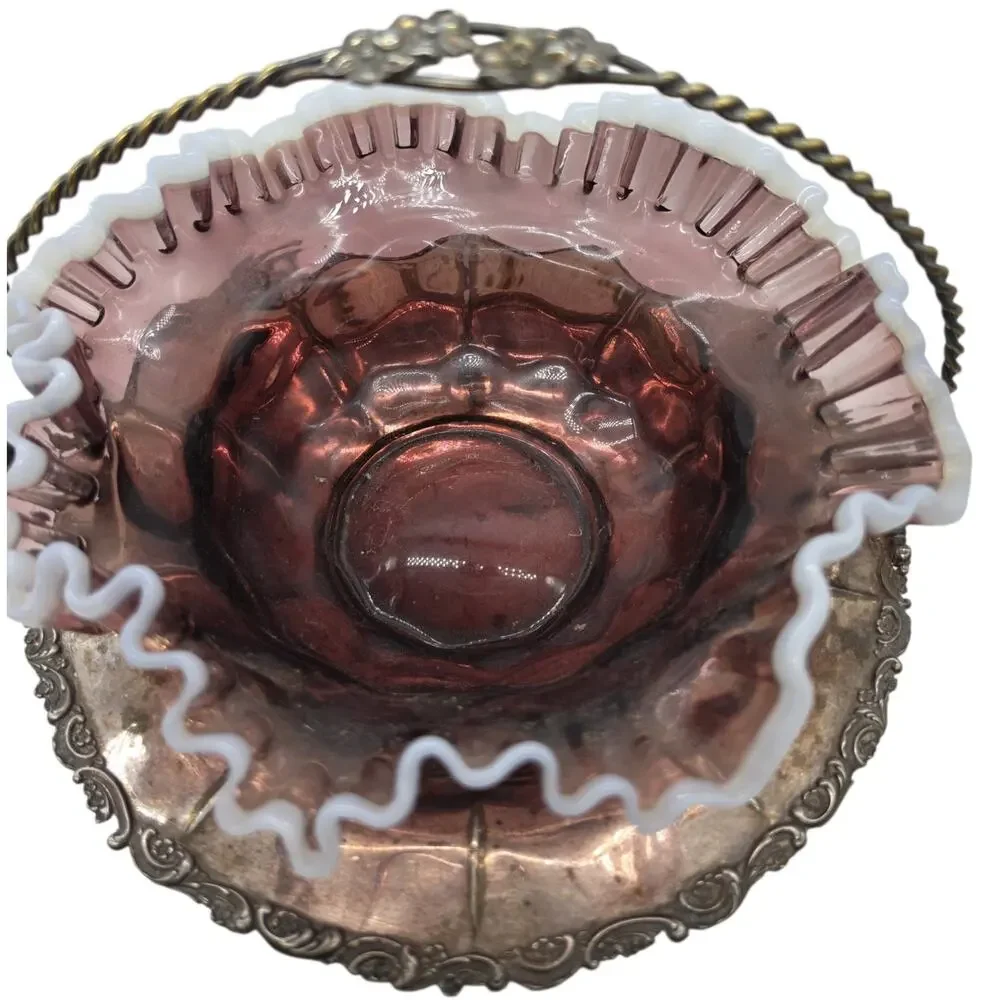 Antique Silver-Plated Brides Basket W/ Ruffled Cranberry And White Glass Bowl